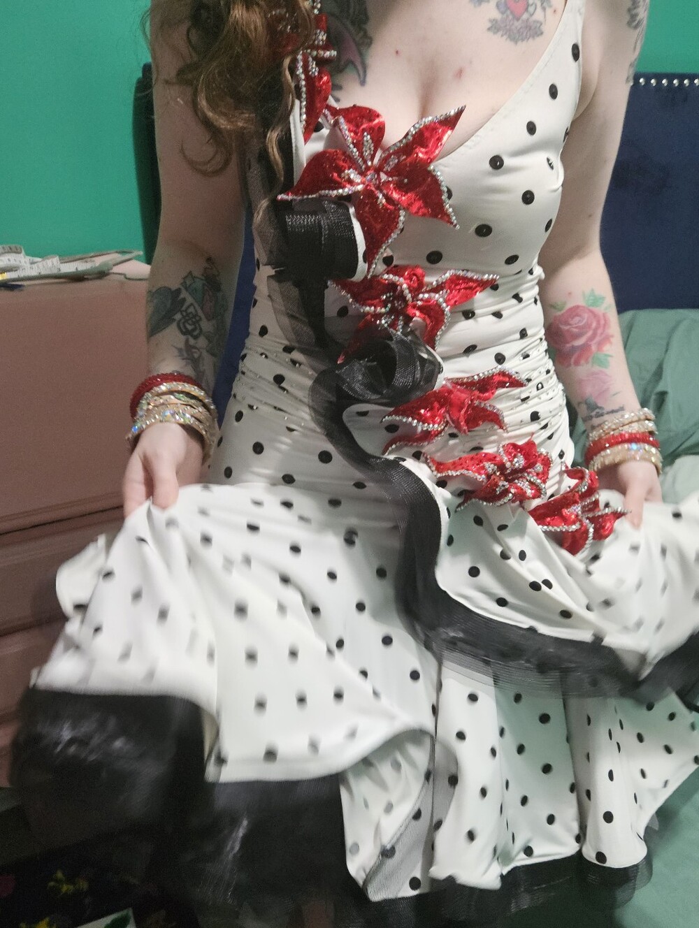 "Lola" - Polka Dot couture Valeria Designs Swing dresss w/ red Swarovski flowers - Picture 13 of 15